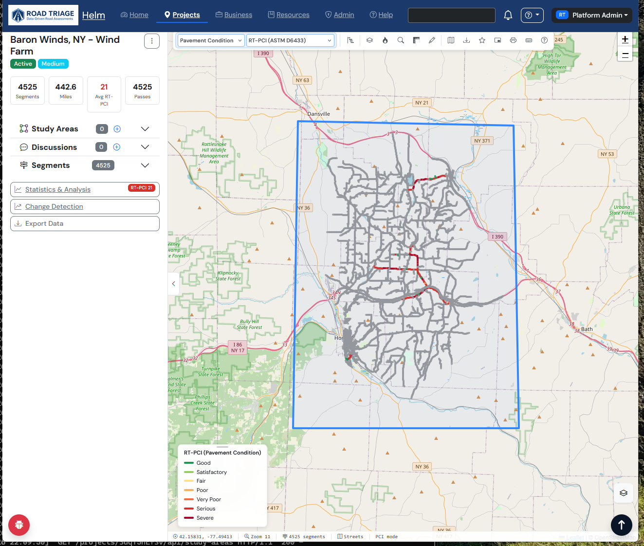 Road Triage interactive map dashboard showing pavement condition across a road network